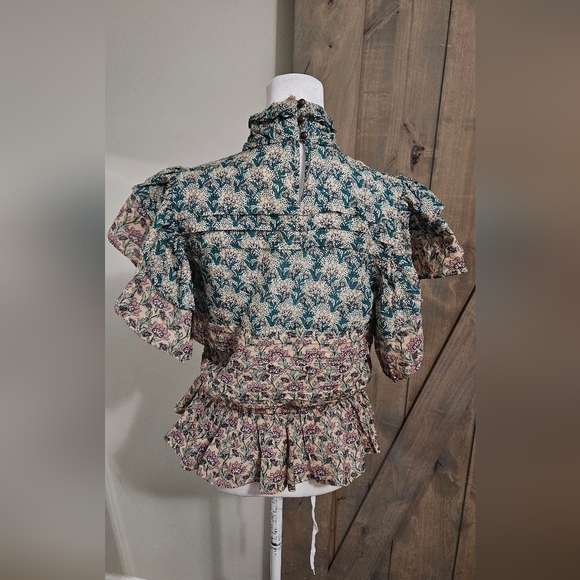 ANTHROPOLOGIE Let Me Be High-Neck Printed Peasant Blouse. Teal/mauve. XXS NWT - Picture 16 of 16